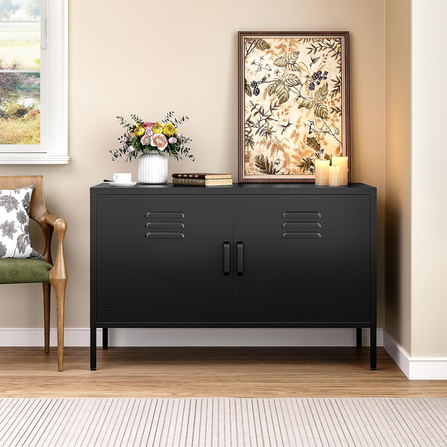 Credenza Office Storage - Black Metal Storage Cabinet With Doors
